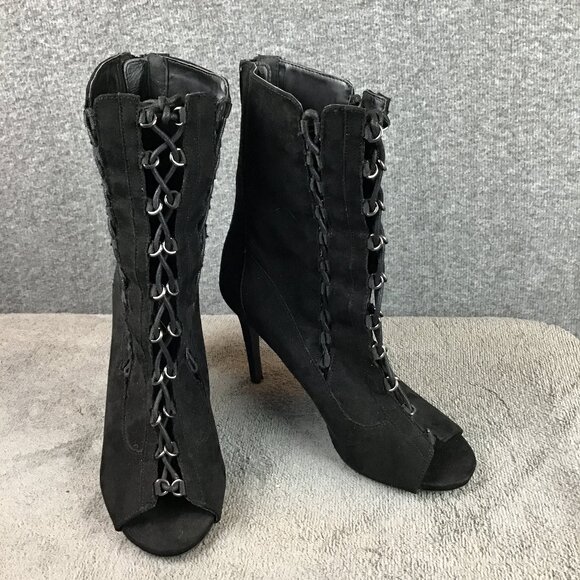 Rare Jenni Rivera Black Open Toe Lace Up Heeled Ankle Boot Bootie Sz 8 - Picture 1 of 8